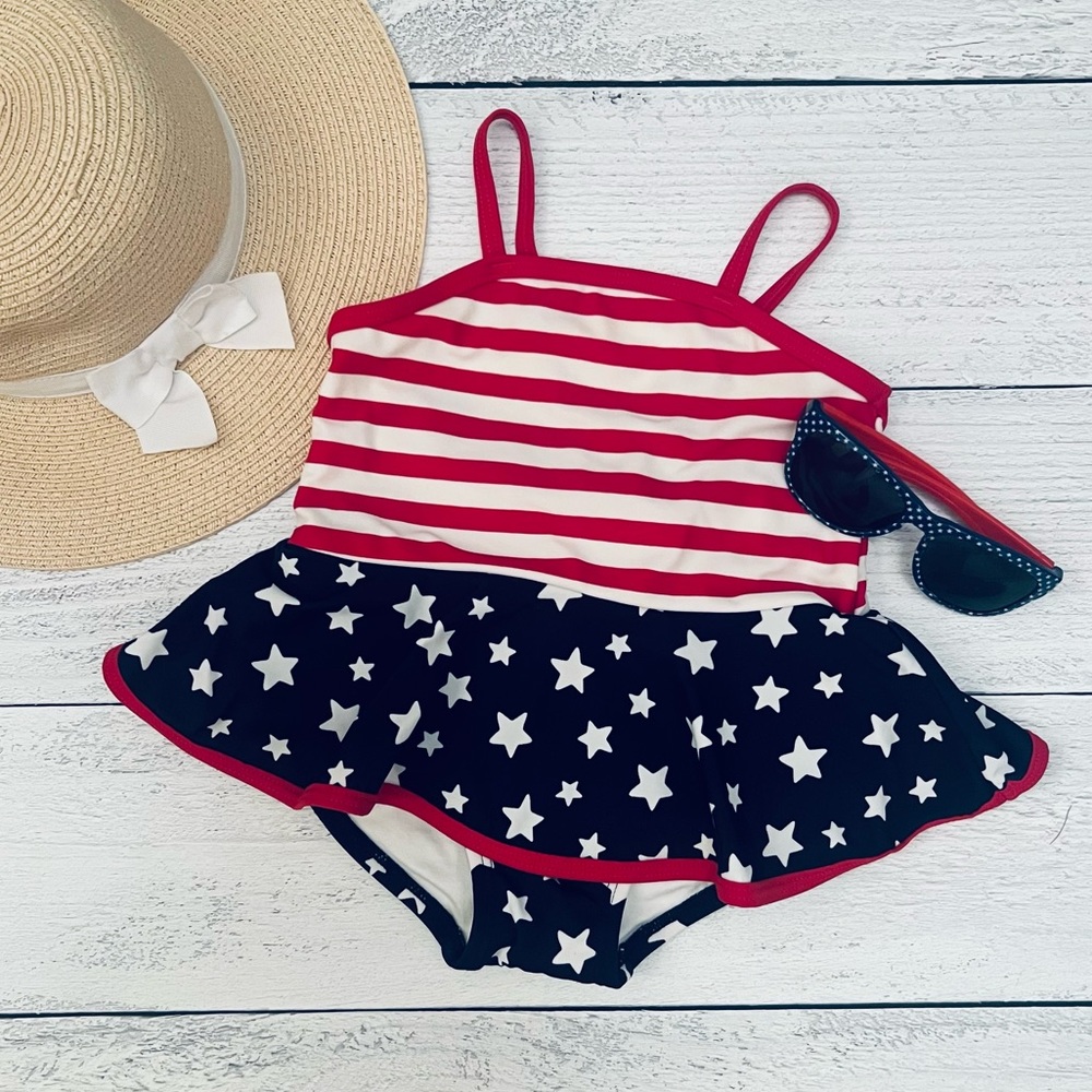 Gymboree Girls Red and White Stripe & Star Skirt Swimsuit Size 12-18 Months